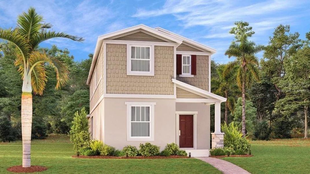 Front exterior of a new home in Tohoqua: Cottages Collection, Kissimmee, FL, highlighting curb appeal (Image 1).