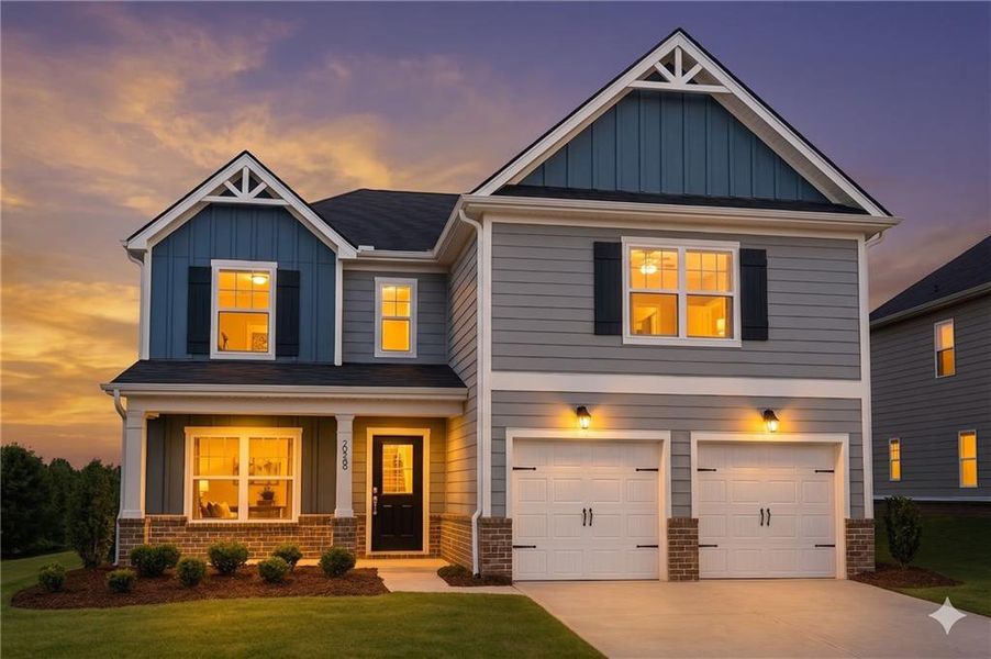 Front exterior of a new home in The Hills at Cedar Creek, Winder, GA, highlighting curb appeal (Image 2). Front exterior of a new home in The Hills at Cedar Creek, Winder, GA, highlighting curb appeal (Image 2).