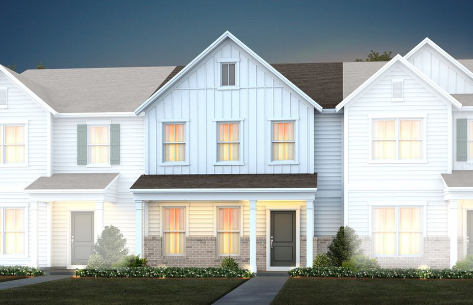 Front exterior of a new home in Exchange at 401, Raleigh, NC, highlighting curb appeal (Image 2). Front exterior of a new home in Exchange at 401, Raleigh, NC, highlighting curb appeal (Image 2).