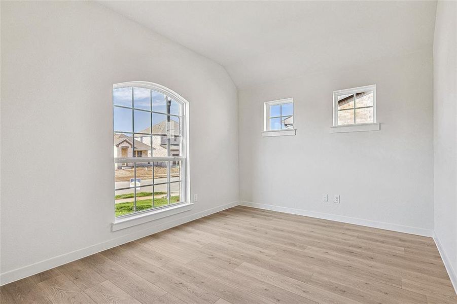 Spare room with a healthy amount of sunlight, vaulted ceiling, and light hardwood / wood-style floors