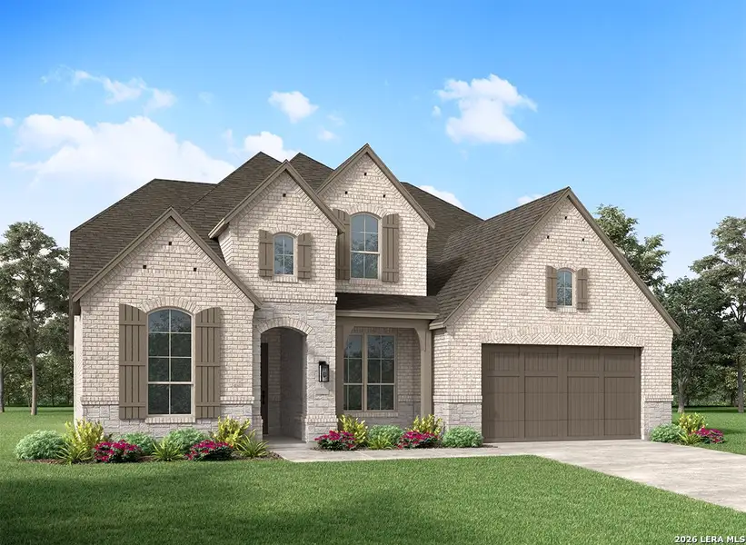 Front exterior of a new home in Mont Blanc, Schertz, TX, highlighting curb appeal (Image 1). Front exterior of a new home in Mont Blanc, Schertz, TX, highlighting curb appeal (Image 1).