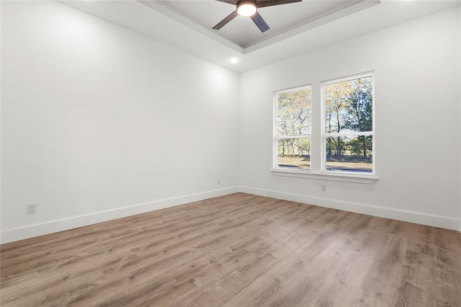 Spare room with a raised ceiling, ceiling fan, and light wood-type flooring