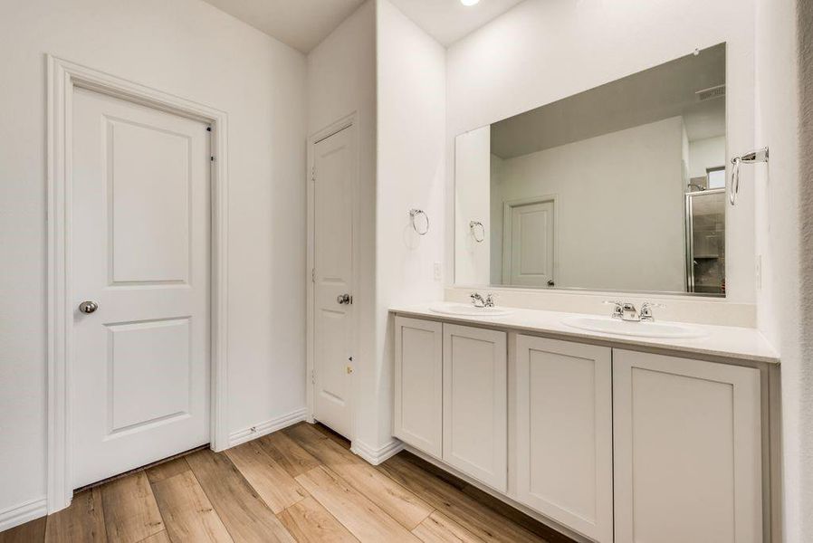 Bathroom with hardwood / wood-style flooring and vanity