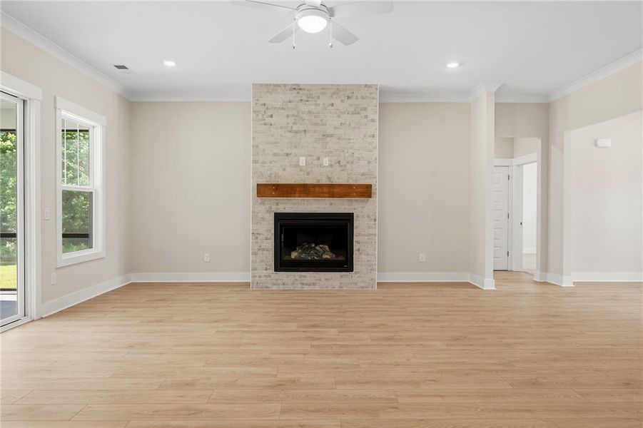 A chic living space featuring a brick-accented fir