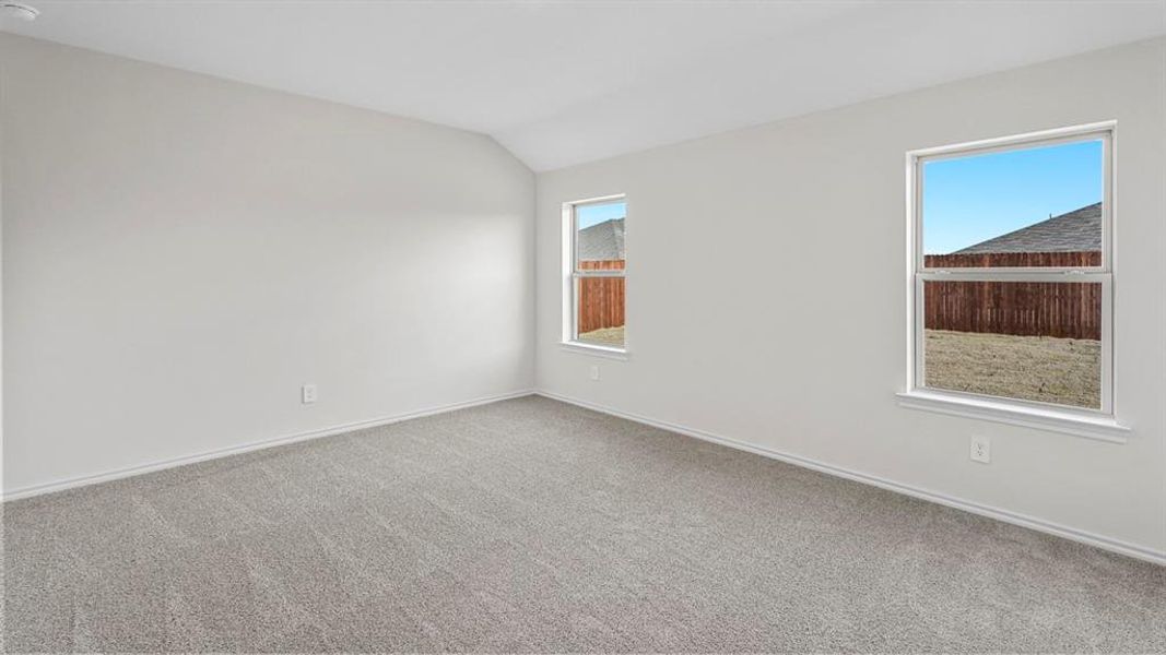 Carpeted spare room featuring plenty of natural light and lofted ceiling