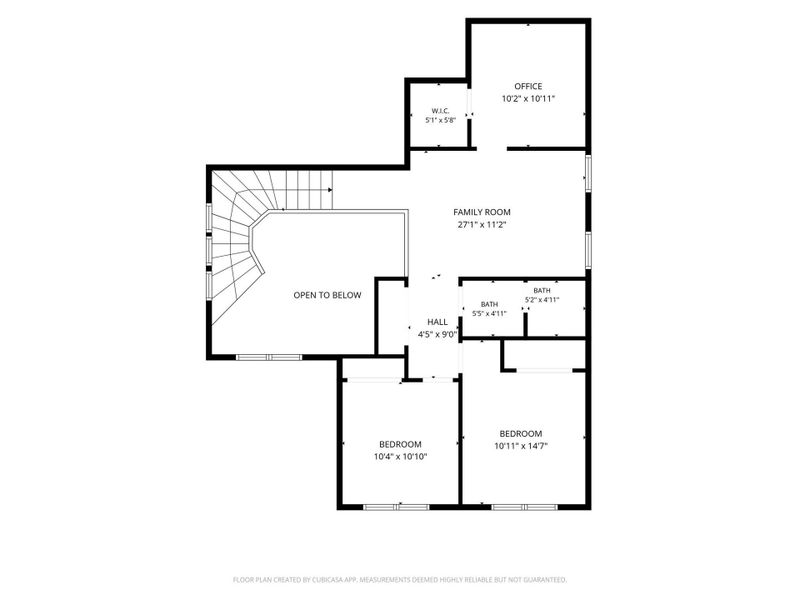 This floor plan features a spacious family room, two bedrooms, an office with a walk-in closet, and two small bathrooms. The layout includes an open area overlooking the lower floor. This floor plan features a spacious family room, two bedrooms, an office with a walk-in closet, and two small bathrooms. The layout includes an open area overlooking the lower floor.
