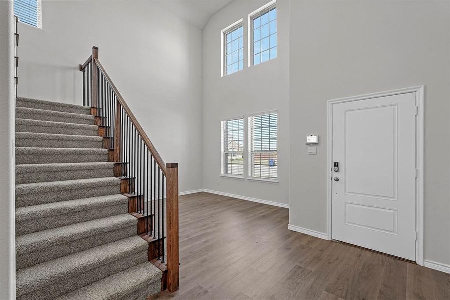 Entryway with a towering ceiling, hardwood / wood-style floors, and a wealth of natural light