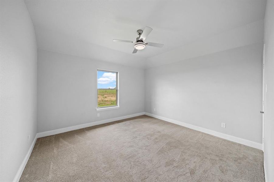 Carpeted spare room with ceiling fan