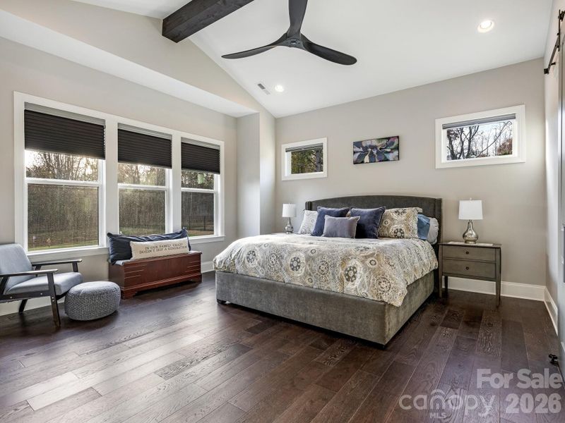 1st Flr, Primary Suite w/16' vaulted ceiling, recessed lighting, ceiling fan, barn door leads to spa like bath (16x14)