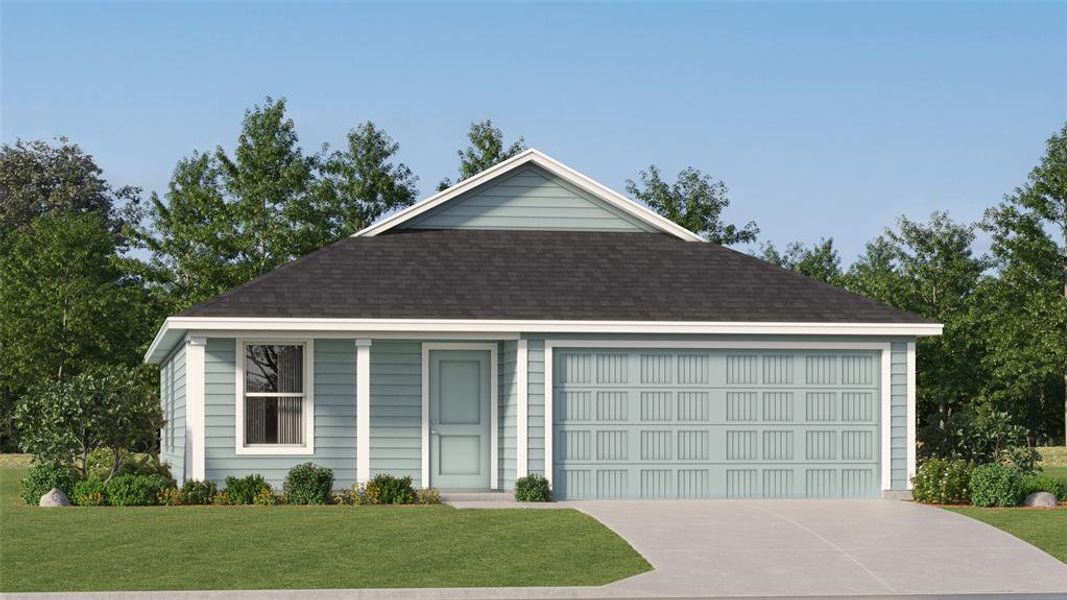 Single story home featuring a garage and a front yard