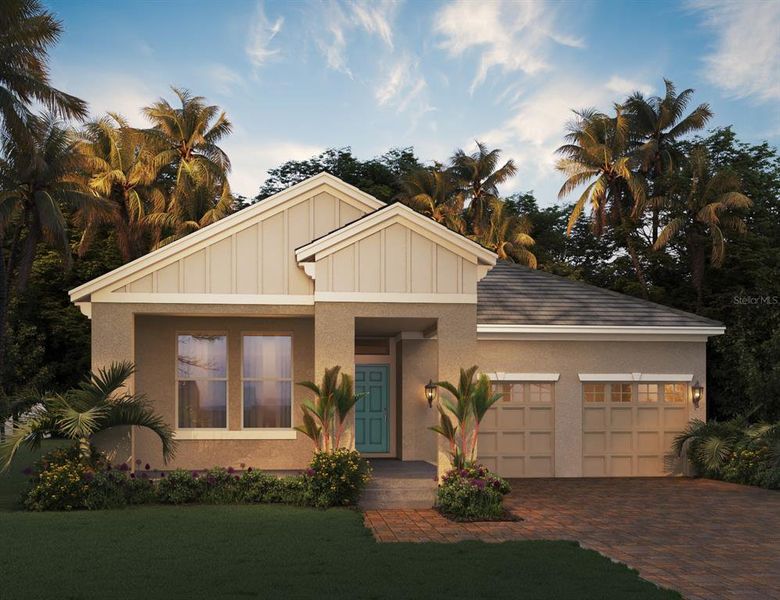 Front exterior of a new home in Waterleigh, Winter Garden, FL, highlighting curb appeal (Image 1).