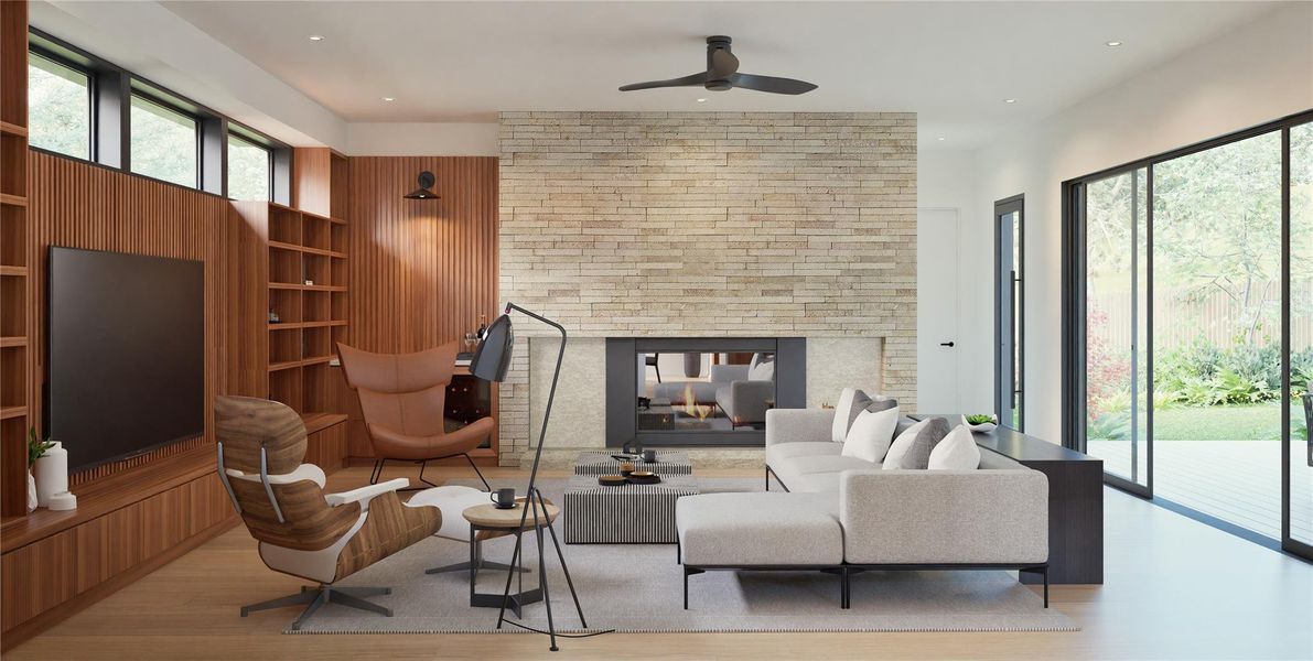 Living room with a stone fireplace, wood finished floors, a ceiling fan, recessed lighting, and wood walls