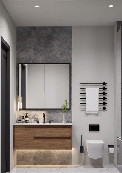 Full bath with vanity, recessed lighting, and light marble finish floors