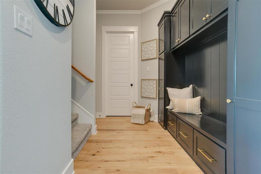 Mudroom with crown molding and light hardwood / wood-style flooring