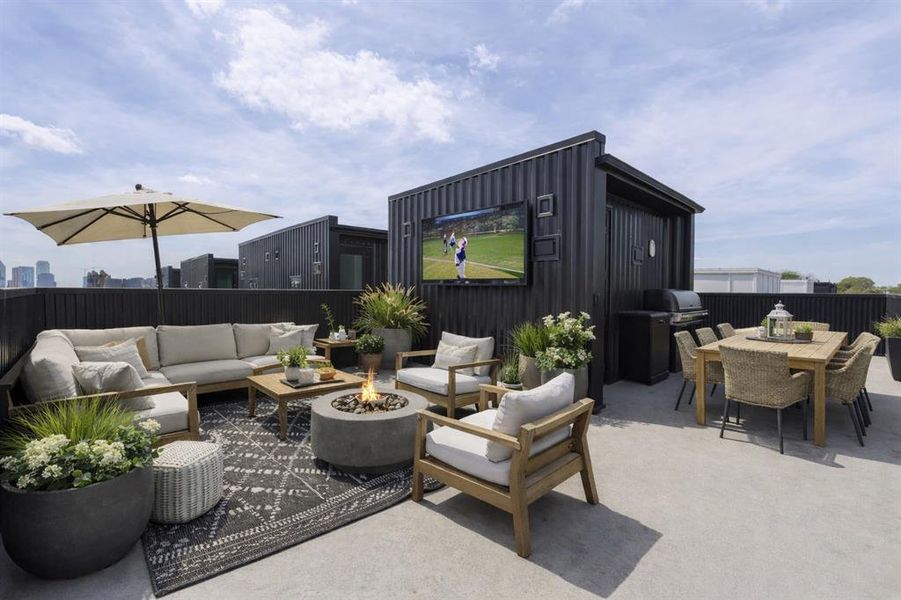View of patio / terrace featuring outdoor lounge area, a fire pit, and grilling area (staging via AI) - terrace wraps around, other half not photographed