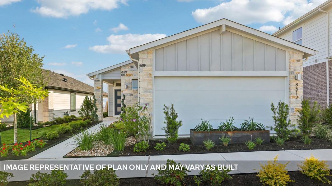 Front exterior of a new home in Frontier, Mustang Ridge, TX, highlighting curb appeal (Image 1). Front exterior of a new home in Frontier, Mustang Ridge, TX, highlighting curb appeal (Image 1).