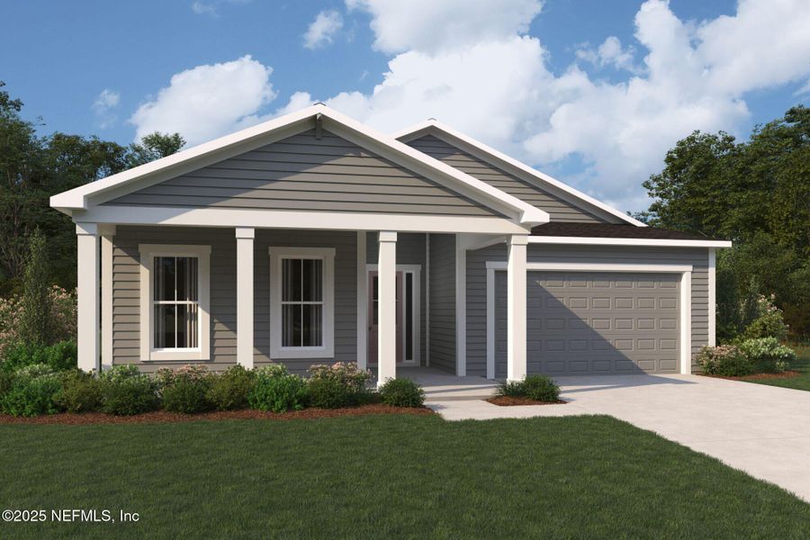 Front exterior of a new home in RiverTown - WaterSong, St. Johns, FL, highlighting curb appeal (Image 1).