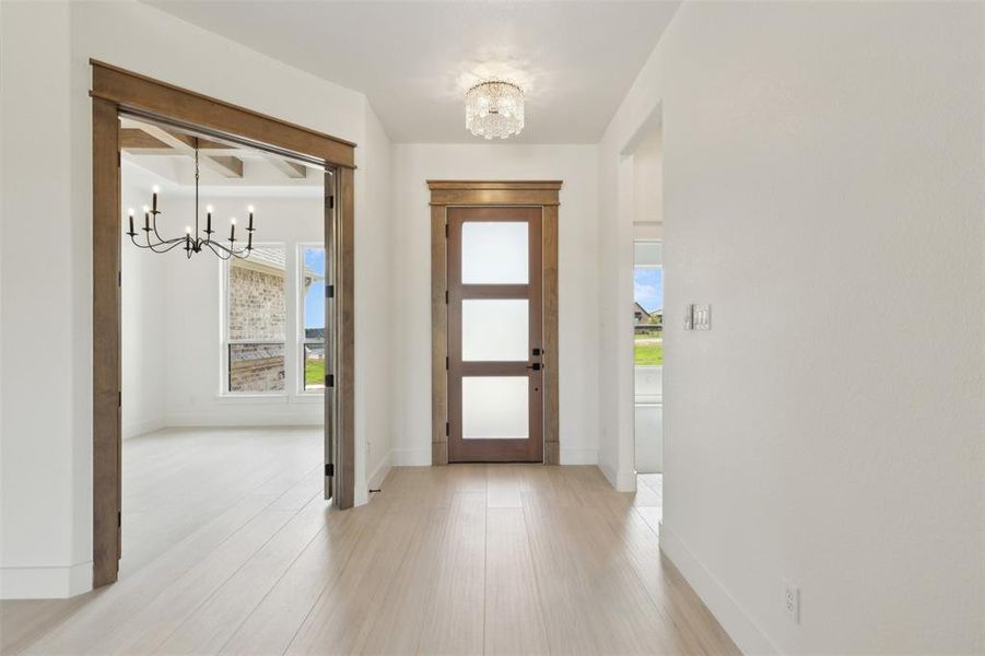 Foyer with light hardwood / wood-style flooring, a notable chandelier, and a healthy amount of sunlight