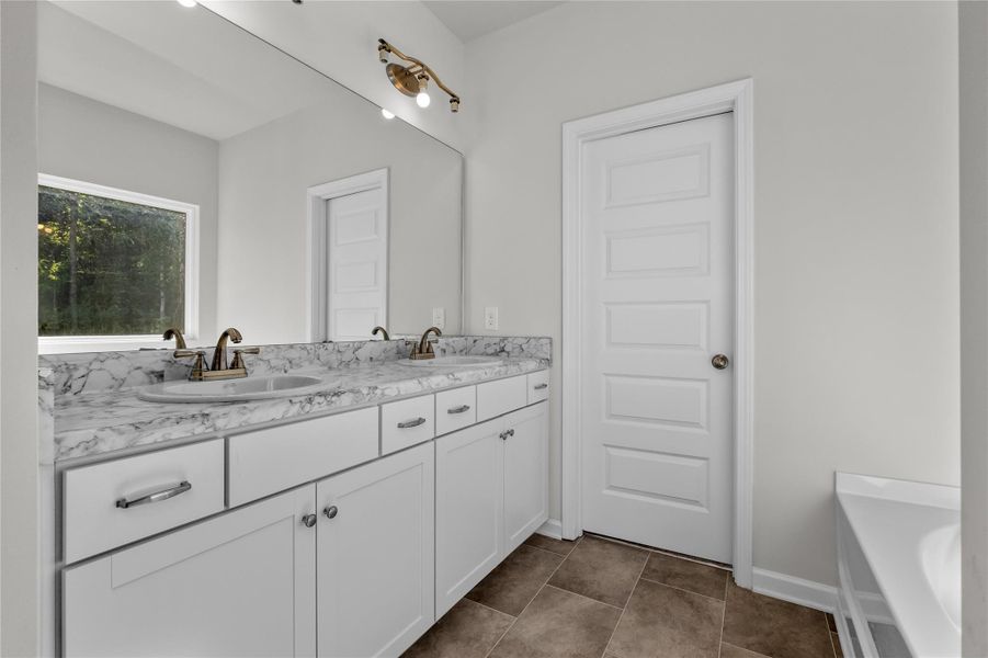 The Coleman- Primary Bathroom with Dual Vanities. Home under construction, photo used for illustrative purposes only, colors and options will vary. The Coleman- Primary Bathroom with Dual Vanities. Home under construction, photo used for illustrative purposes only, colors and options will vary.