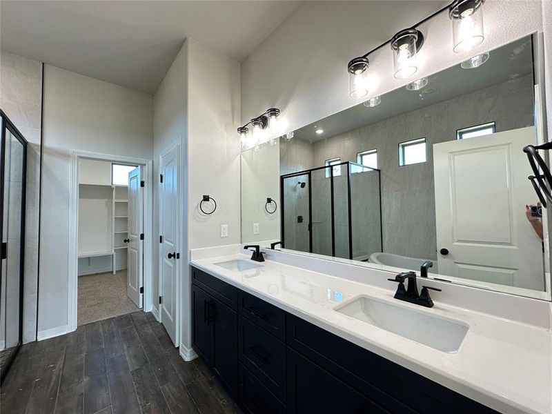 Bathroom featuring a stall shower, double vanity, dark wood-style flooring, a tub to relax in, and a walk in closet Bathroom featuring a stall shower, double vanity, dark wood-style flooring, a tub to relax in, and a walk in closet