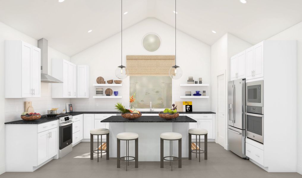 Kitchen with vaulted ceiling and pendant lighting