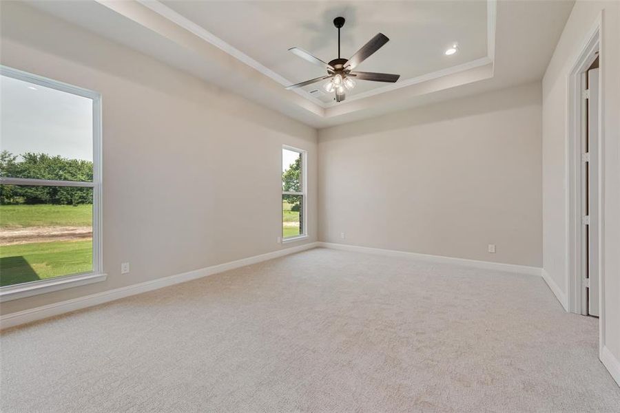 Unfurnished room with a raised ceiling, ceiling fan, carpet flooring, and crown molding