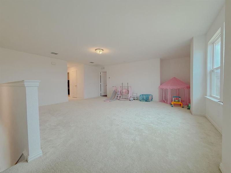 Recreation room featuring carpet floors and visible vents