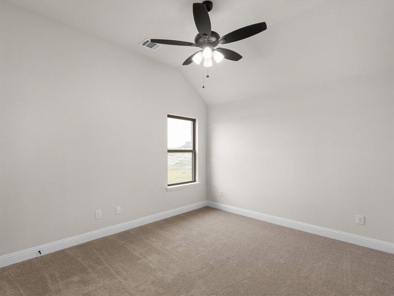 Unfurnished room featuring light carpet, lofted ceiling, and ceiling fan