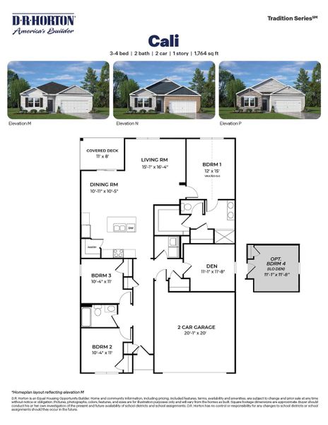2D floor plan layout for the CALI by D.R. Horton in Mason Ridge, Spring Lake, NC (Image 3).