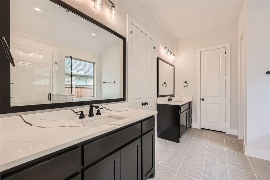 Bathroom featuring a shower stall, tile patterned floors, a sink, visible vents, and two vanities Bathroom featuring a shower stall, tile patterned floors, a sink, visible vents, and two vanities