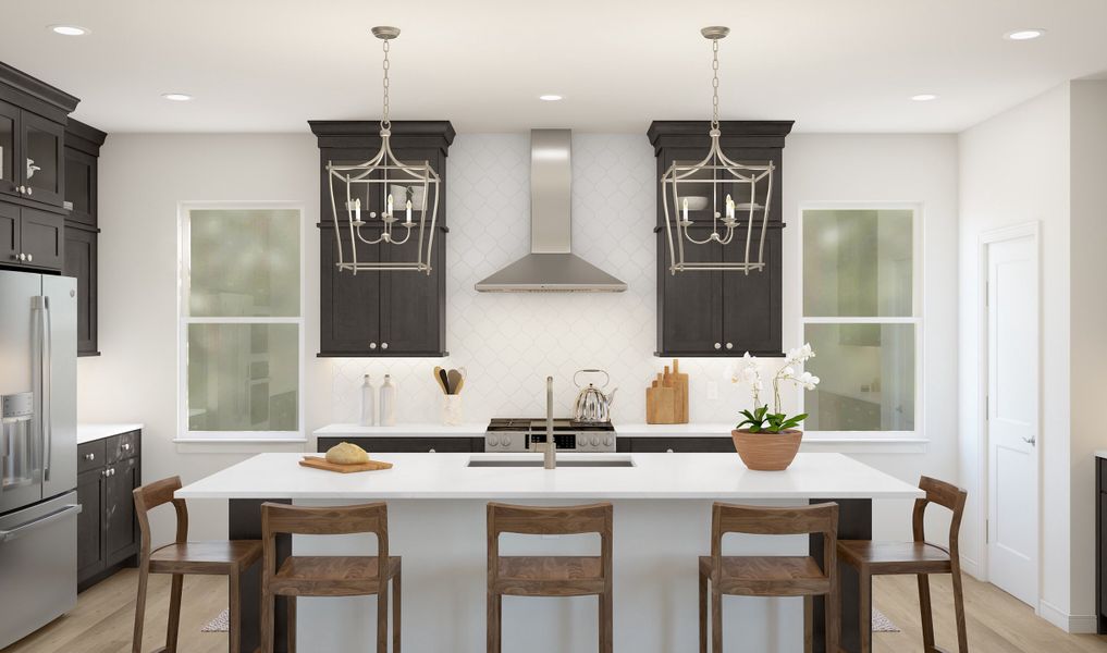 Kitchen with hexagonal backsplash and stainless steel appliances