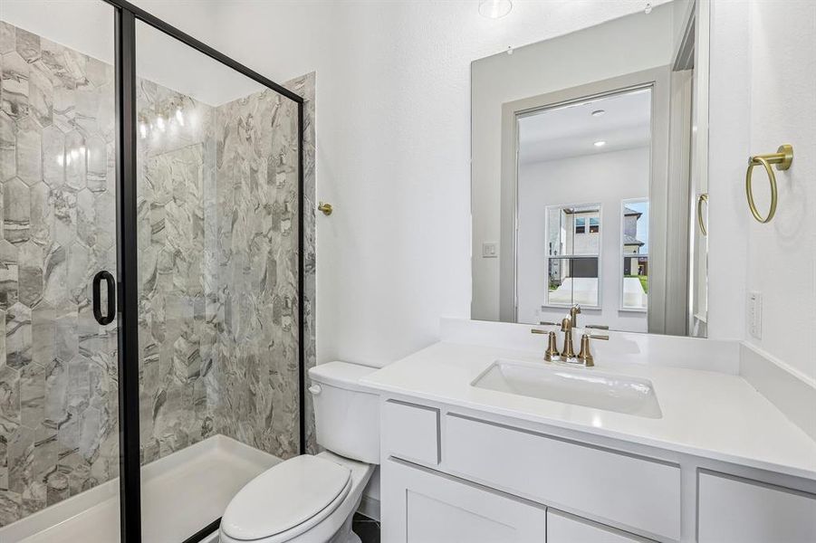 Friends and family will feel right at home in any of the beautifully finished guest baths. Friends and family will feel right at home in any of the beautifully finished guest baths.