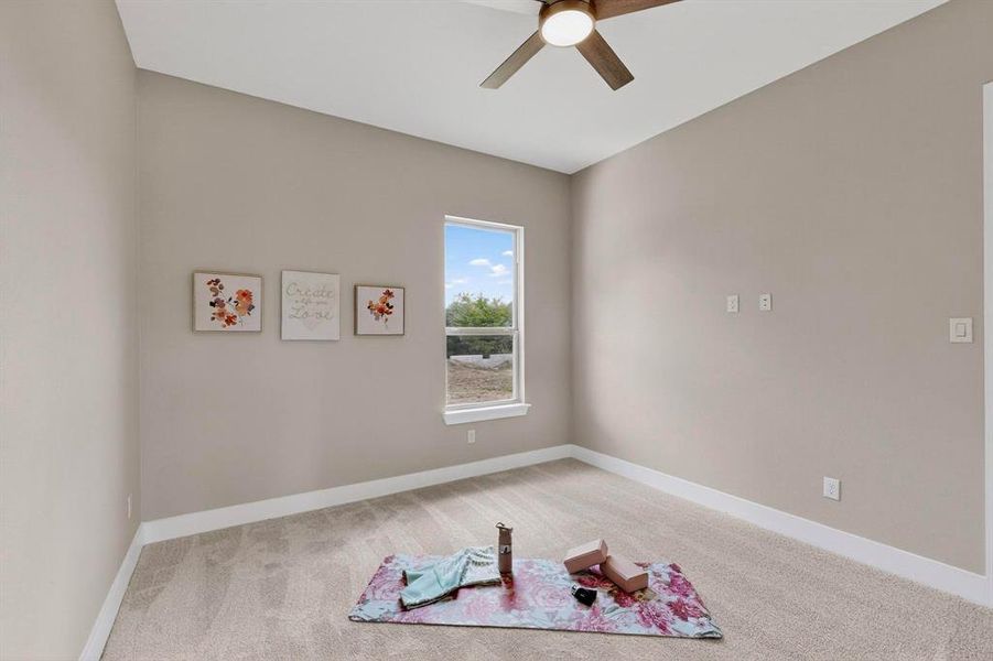 Spare room featuring carpet flooring and ceiling fan