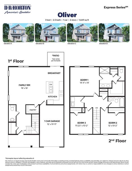 2D floor plan layout for the OLIVER by D.R. Horton in River's Edge, Mayodan, NC (Image 3).