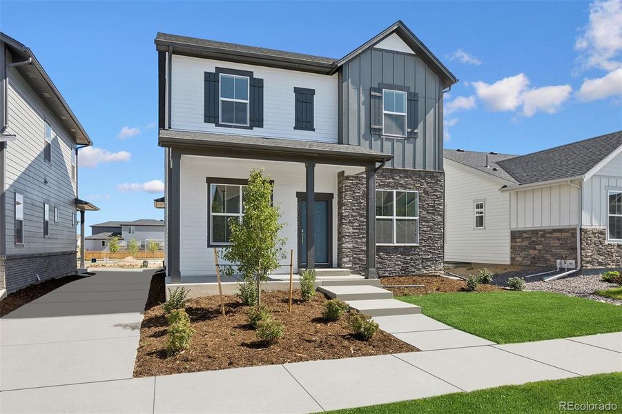 Front exterior of a new home in Painted Prairie Cottage, Aurora, CO, highlighting curb appeal (Image 25).