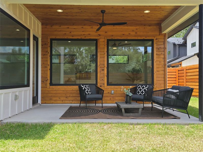 Close up view of the large rear covered porch.