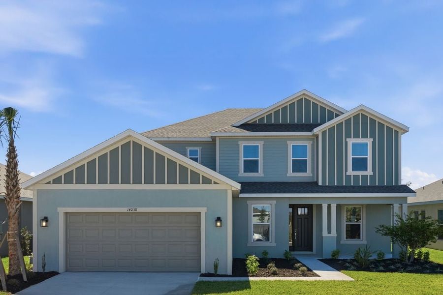 Front exterior of a new home in Firethorn, Parrish, FL, highlighting curb appeal (Image 1). Front exterior of a new home in Firethorn, Parrish, FL, highlighting curb appeal (Image 1).