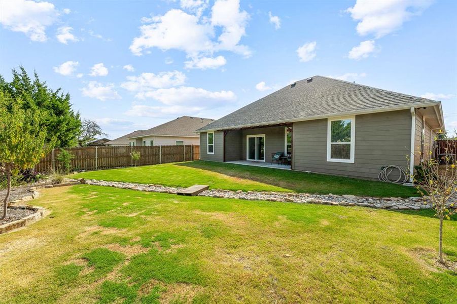 Back of property featuring a patio, roof with shingles, and a fenced backyard