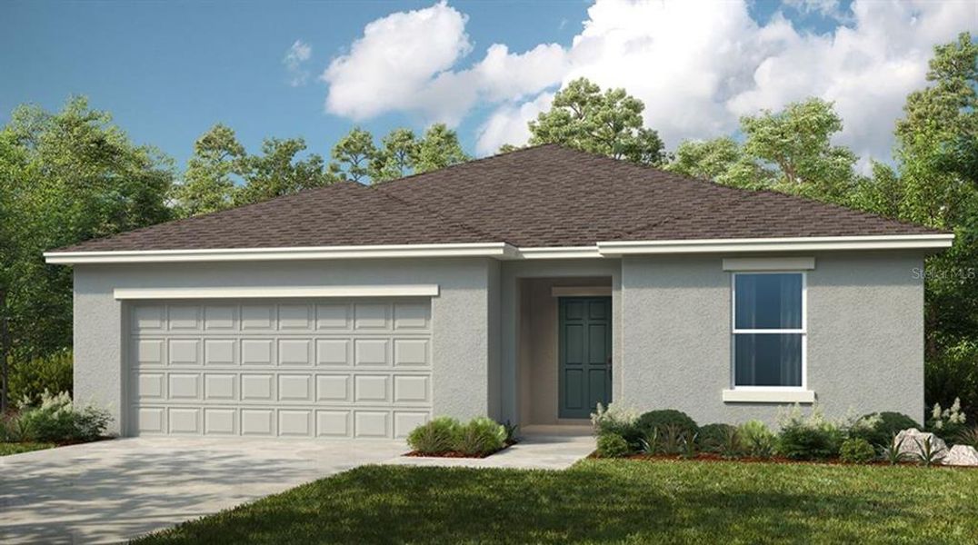 Front exterior of a new home in Firethorn, Parrish, FL, highlighting curb appeal (Image 1).