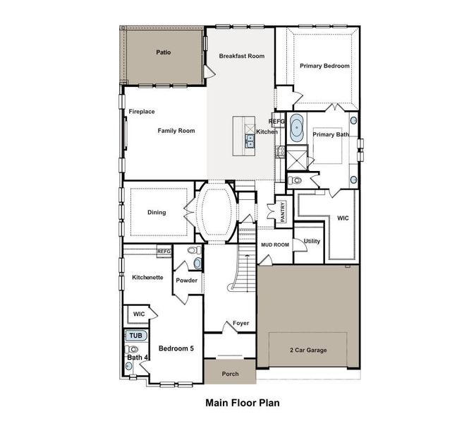 A well-designed main floor plan showcases distinct living areas, including a breakfast room, family room with a fireplace, and a spacious kitchen. A well-designed main floor plan showcases distinct living areas, including a breakfast room, family room with a fireplace, and a spacious kitchen.