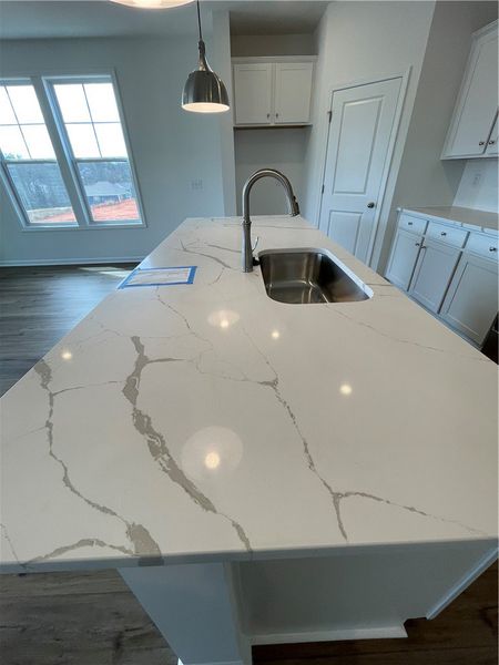 This bright kitchen features sleek countertops, a