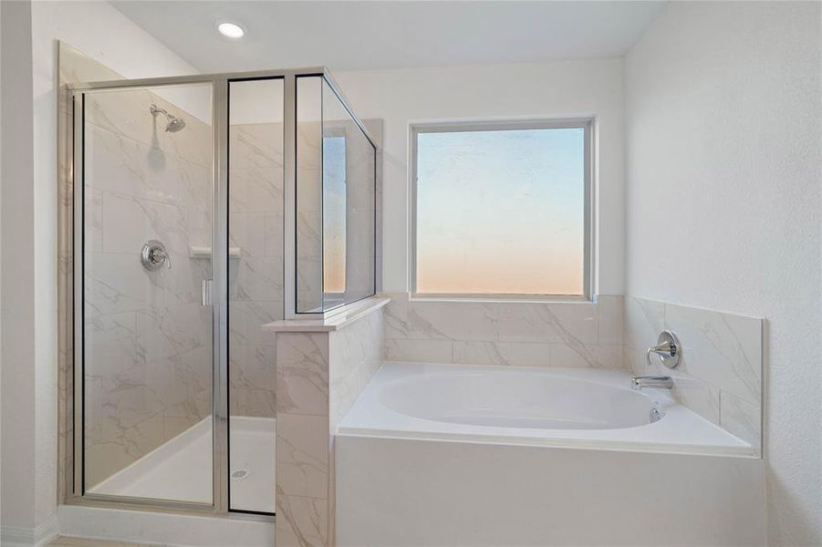 Additional view of the primary bathroom featuring a large garden tub and walk-in shower with tile surround.