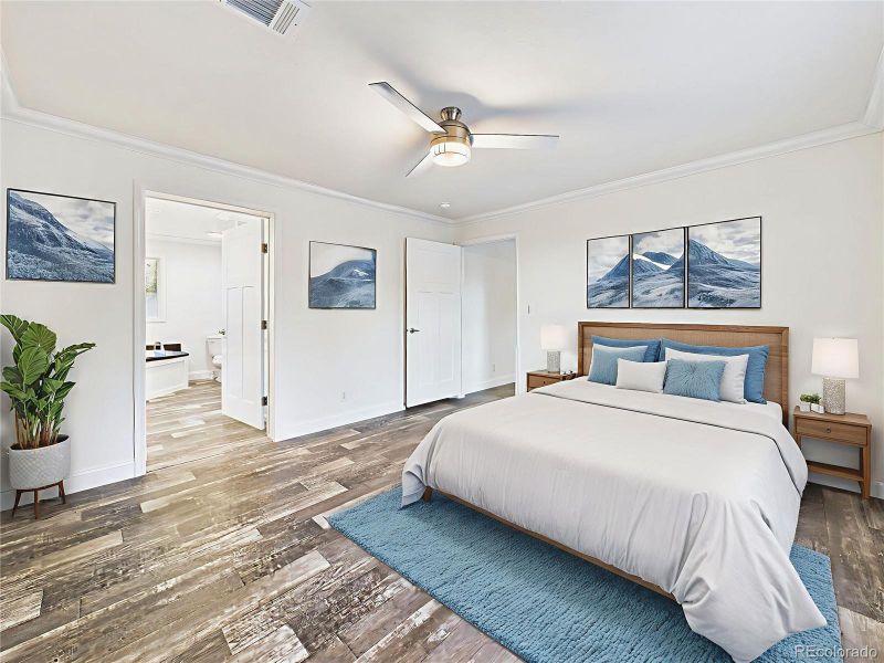 Virtually Staged Looking back at 5 Piece bedroom, walk in closet, Ceiling fan with light fixture for year-round comfort.