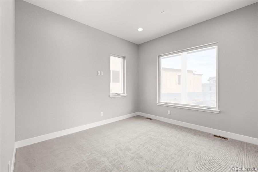 Main level guest bedroom with en suite bathroom and walk-in closet.