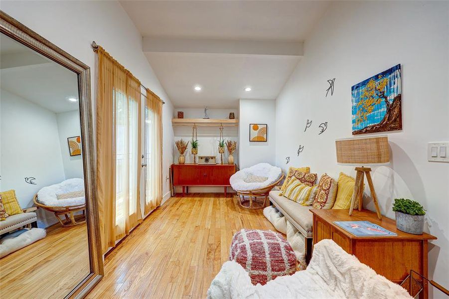 Primary suite includes this lovely separate sitting area/reading nook with doors to a backyard balcony!94 San Saba St Austin TX 78702 MLS# 7207900