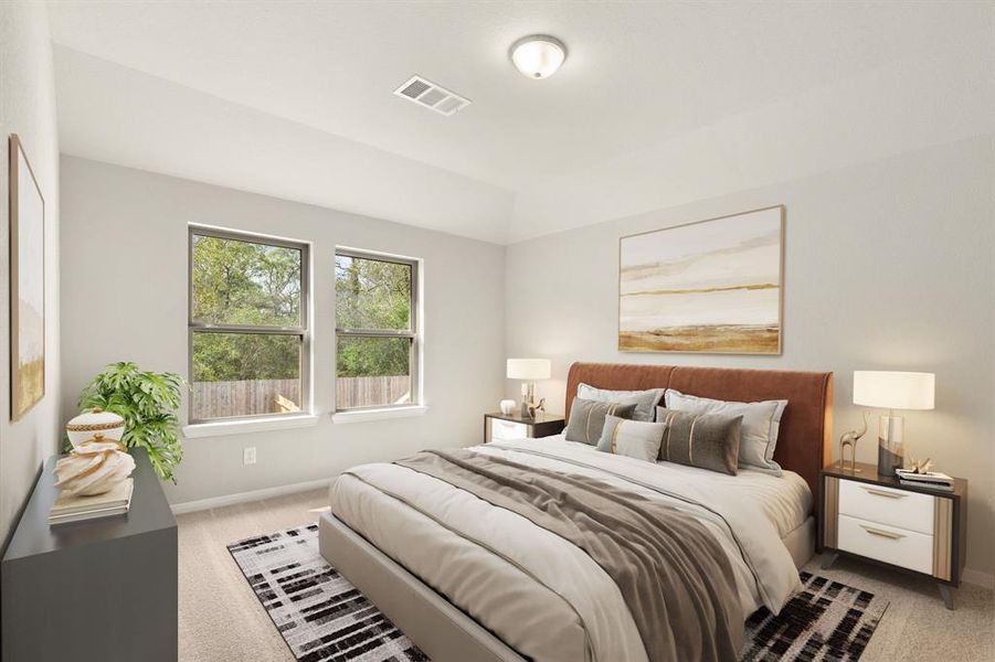 The primary bedroom is generously sized, creating a tranquil and spacious retreat that offers ample room for relaxation. Featuring plush carpet, high ceilings, fresh paint, and large windows that lets in natural lighting throughout the day.