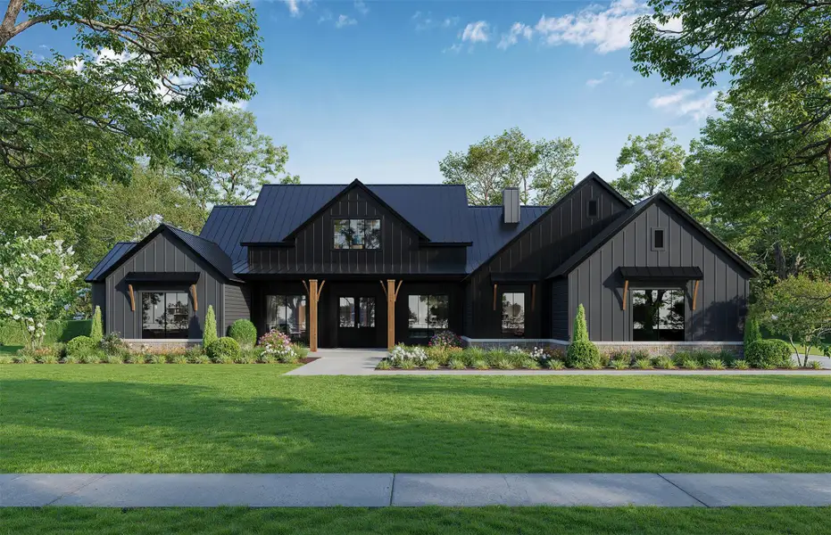 Bold black siding and a meticulously maintained lawn create striking curb appeal for this modern farmhouse. Bold black siding and a meticulously maintained lawn create striking curb appeal for this modern farmhouse.