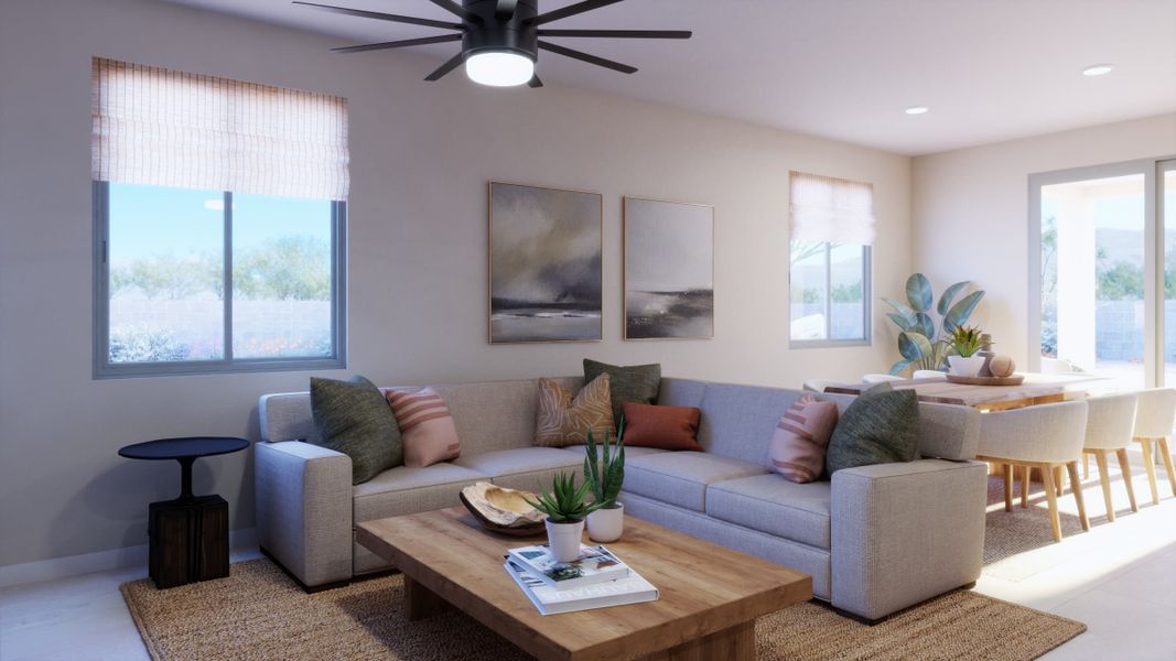Great Room Virtual Rendering | Firelight Floorplan | Elara at Moonlight | New Homes in Maricopa, AZ by Landsea Homes