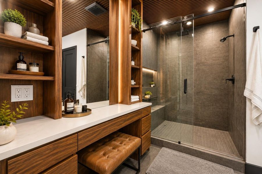 Modern design with a glass-enclosed shower, sleek dark tiles, and a wooden vanity. Built-in shelves offer ample storage, and the wood-accented ceiling adds warmth and style.