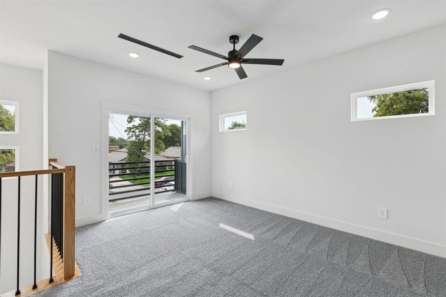 Spare room with carpet flooring, recessed lighting, and a ceiling fan Spare room with carpet flooring, recessed lighting, and a ceiling fan